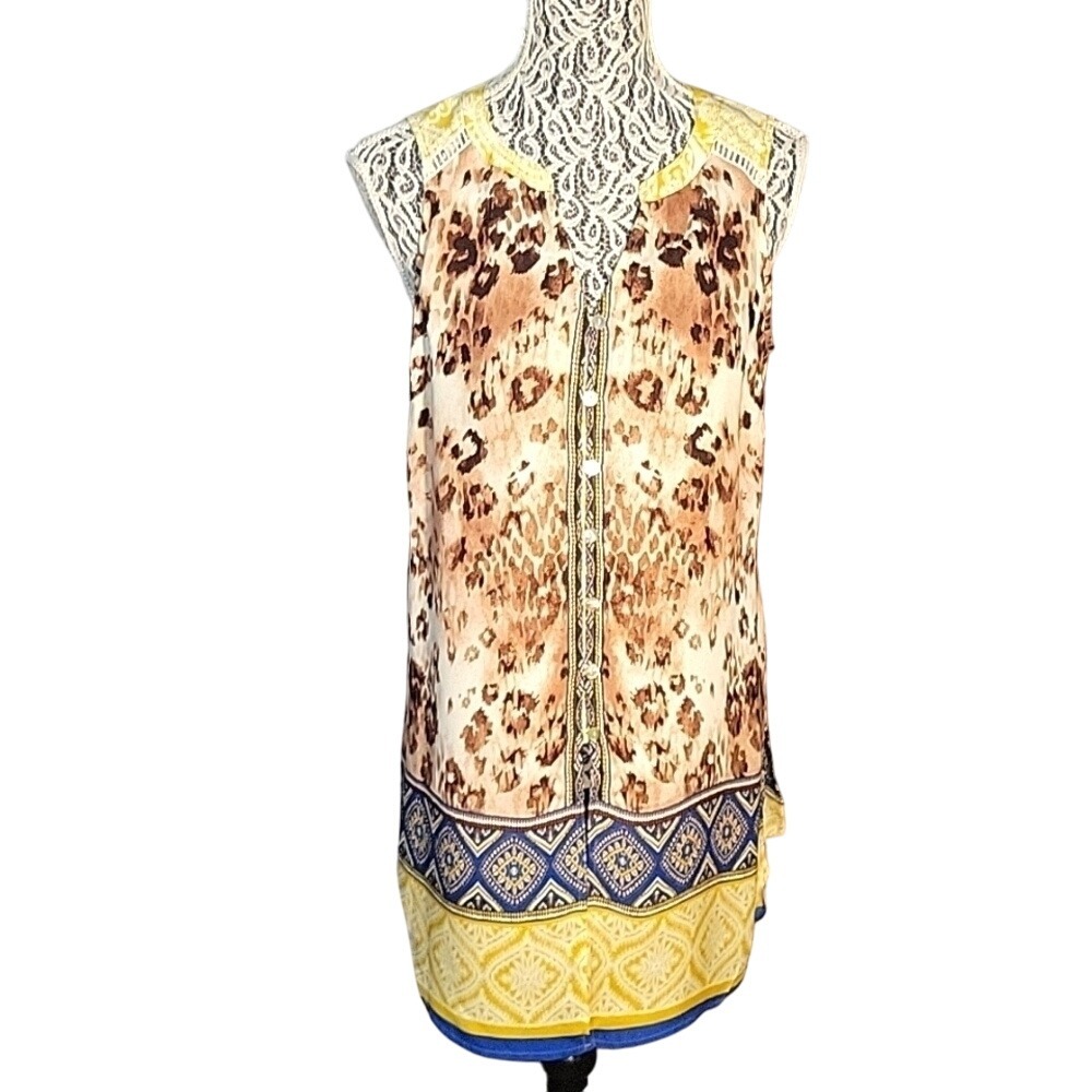 FIG Mixed‎ Print Sleeveless Lace Back Tunic Top Animal Floral Yellow Brown Blue